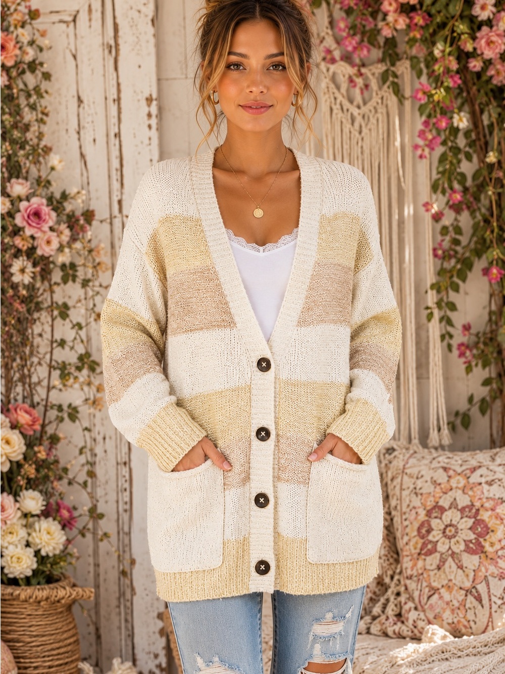 NWT Free People Beige Oversized Knit Boho Buttoned Sweater Size XS 💕 $148